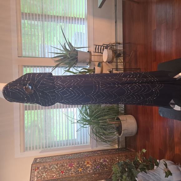 Adrianna Papell Blouson Short Sleeve Embellished Beaded Maxi Gown Navy Size 4 - Picture 8 of 14